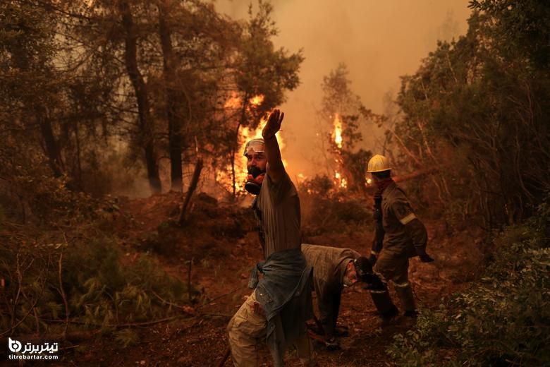 داوطلب با آتش سوزی در روستای گالاتسونا ، در جزیره اوویا ، یونان واکنش نشان می دهد