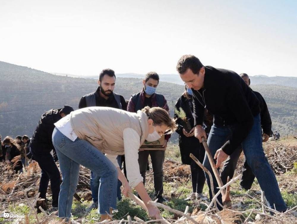 درختکاری بشار اسد رئیس ‌جمهور سوریه و همسرش به همراه دانشجویان در منطقه حرش التفاحه