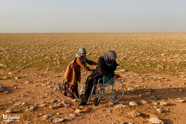 زنی سوار بر صندلی چرخدار در صحرای ساماوای عراق