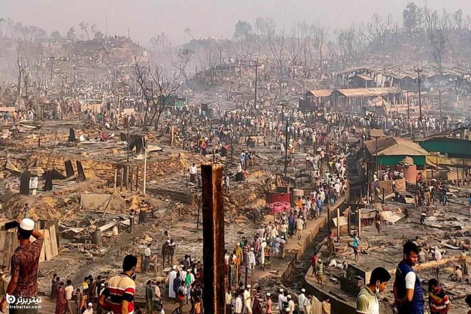  نمای کلی از یک اردوگاه پناهجویان روهینگیا پس از آتش سوزی در بنگلادش