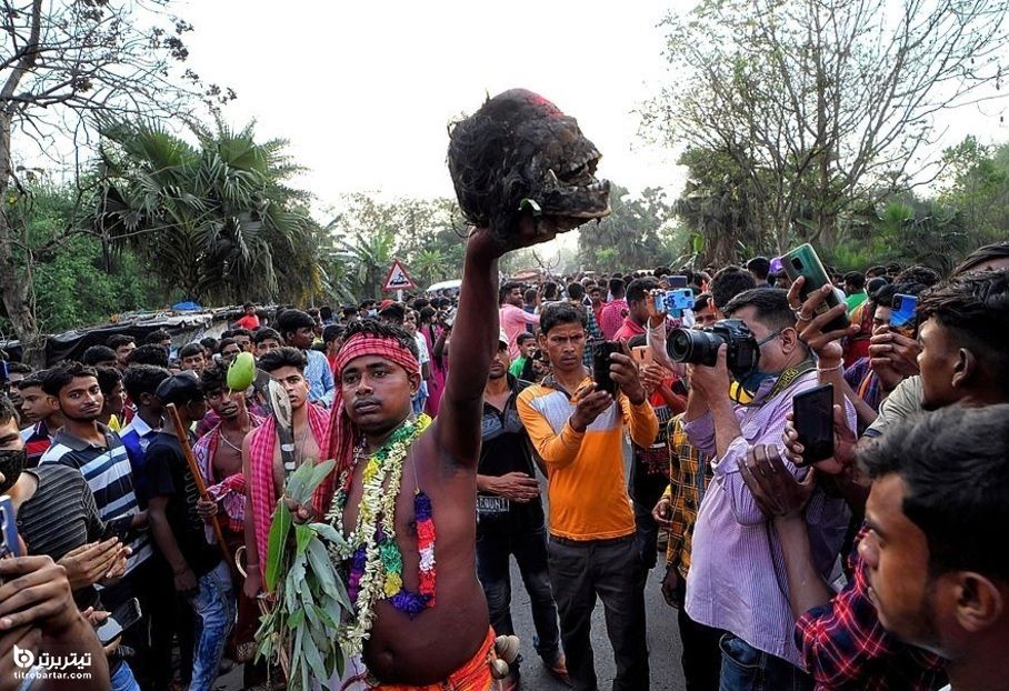 راهپیمایی هندوها با جمجمه انسان در جشنواره موسوم به گاجان