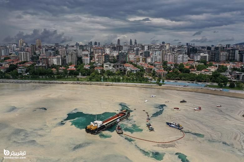  شناورهای تمیزکننده سطح دریا در حال پاکسازی سطح دریای مرمره در سواحل شهر استانبول ترکیه