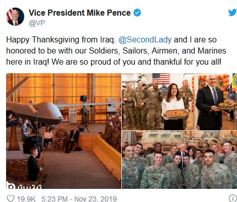 توییت مایک پنس پس از سفر اخیرش به پایگاه عین الاسد برای شرکت در جشن شگرگذاری در کنار سربازان آمریکایی
