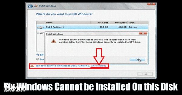 مراحل رفع خطای Windows cannot be installed to this disk