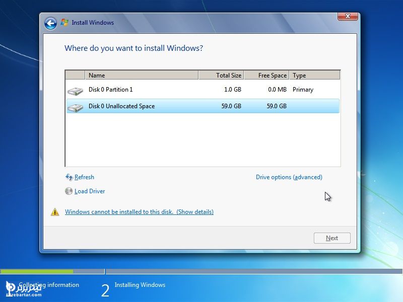 مراحل رفع خطای Windows cannot be installed to this disk
