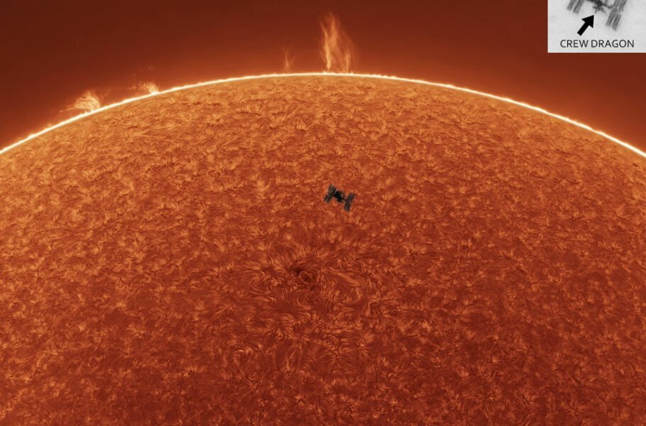 تصویر روز ناسا: ایستگاه فضایی، خورشید و زبانه‌های آن/ عکس