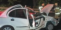 ببینید | تصادف هولناک در اتوبان همت؛ پرواز خودروی شاسی‌بلند روی سقف ساینا
