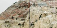 تصاویری از خشک کردن فرش‌های ایرانی بر روی تپهٔ سنگی چشمه‌علی ۶۴ سال پیش